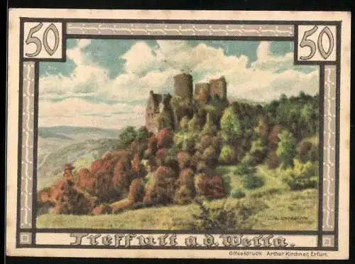 Notgeld Treffurt a.d. Werra, 1921, 50 Pfennig, Burg und Stadtwappen, gültig bis 1922