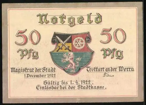 Notgeld Treffurt a.d. Werra, 1921, 50 Pfennig, Burg und Stadtwappen, gültig bis 1922