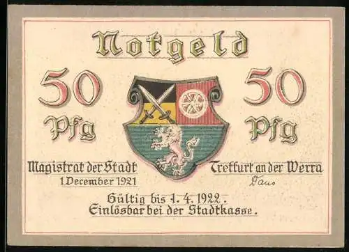 Notgeld Treffurt an der Werra 1921, 50 Pfennig, Wappen und Stadtansicht, gültig bis 1.4.1922
