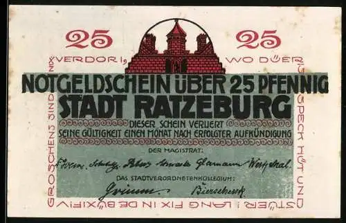 Notgeld Ratzeburg, 25 Pfennig, Vorderseite mit Stadtwappen und Unterschriften, Rückseite mit 800-jährigem Dom