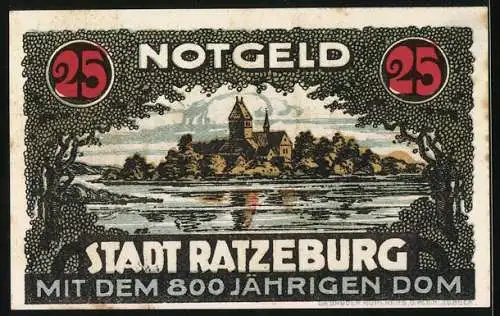 Notgeld Ratzeburg, 25 Pfennig, Vorderseite mit Stadtwappen und Unterschriften, Rückseite mit 800-jährigem Dom