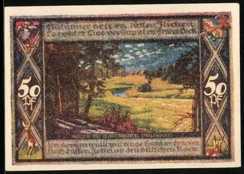 Notgeld Poppenbüttel 1921, 50 Pf, Landschaft mit Wald und Fluss, Wappen und Schriftzug