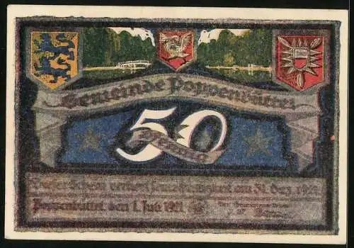 Notgeld Poppenbüttel 1921, 50 Pf, Landschaft mit Wald und Fluss, Wappen und Schriftzug