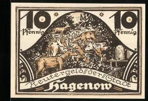 Notgeld Hagenow, 10 Pfennig, Reutergeld der Stadt Hagenow mit Wildtieren und Windmühle, gültig bis 30. April 1922