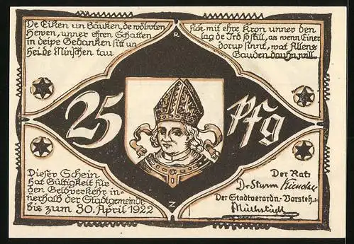 Notgeld Hagenow, 1922, 25 Pfennig, Reutergeld der Stadt mit historischem Stadtbild und Porträt eines Bischofs