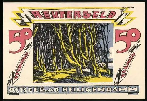 Notgeld Heiligendamm, 5 Pfennig, Reutergeld mit Waldmotiv und Frau auf Fisch, 1922