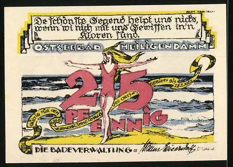 Notgeld Heiligendamm, 1921, 25 Pfennig, Reutergeld mit Strand und Frau in Badeanzug