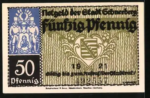 Notgeld Schneeberg, 1921, 50 Pfennig, Rosental mit Wappen und Figuren