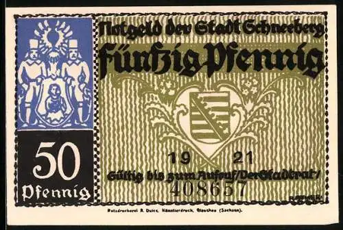 Notgeld Schneeberg 1921, 50 Pfennig, Stadtwappen mit Soldaten und Langgasse