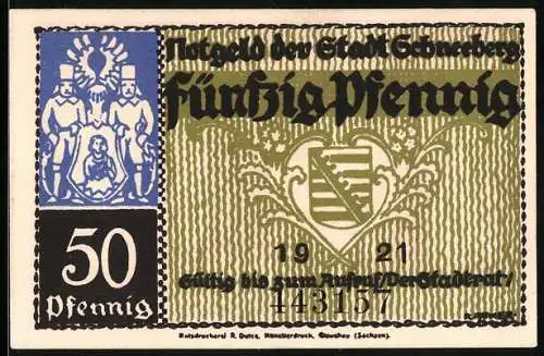 Notgeld Schneeberg 1921, 50 Pfennig, Wappen und Markt u. Fürstenplatz Illustration