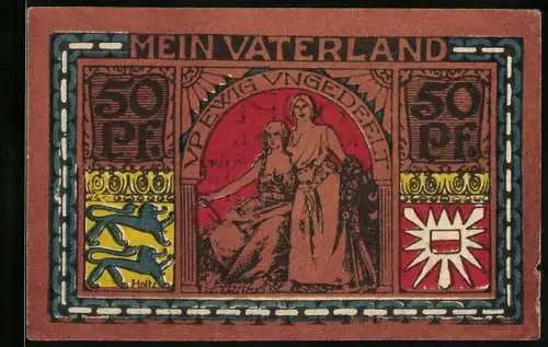 Notgeld Altona 1922, 50 Pf, Mein Vaterland, Frau und Mann, Wappen, Rückseite Zahlungsanweisung