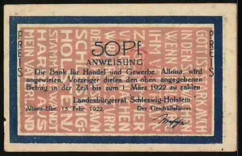 Notgeld Altona 1922, 50 Pf, Mein Vaterland, Frau und Mann, Wappen, Rückseite Zahlungsanweisung