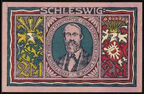 Notgeld Schleswig, 1922, 2 Mark, Porträt von Matthias Friedrich Chemnitz, beidseitig bedruckt