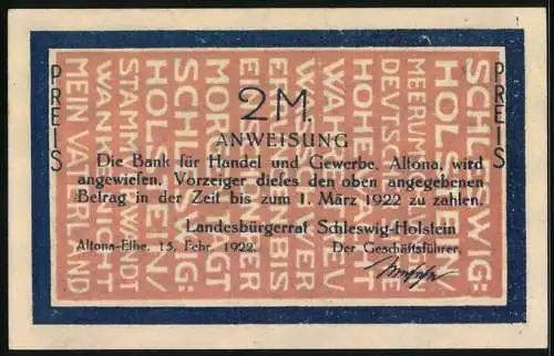 Notgeld Schleswig, 1922, 2 Mark, Porträt von Matthias Friedrich Chemnitz, beidseitig bedruckt