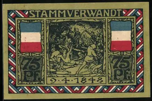 Notgeld Altona 1922, 75 Pf, Stammverwandt, Illustration einer Kampfszene mit Datum 9.4.1848, Anweisung auf Rückseite