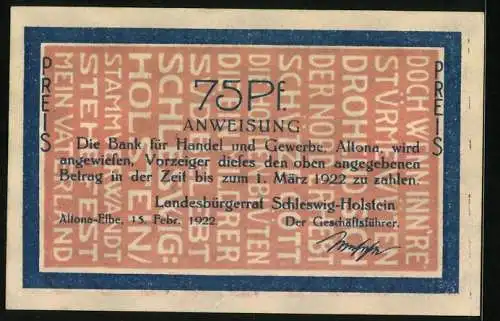 Notgeld Altona 1922, 75 Pf, Stammverwandt, Illustration einer Kampfszene mit Datum 9.4.1848, Anweisung auf Rückseite