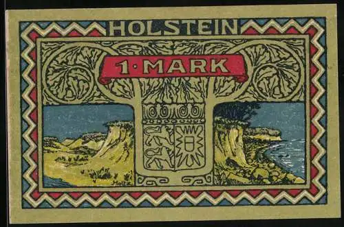 Notgeld Altona, 1922, 1 Mark, Landschaftsmotiv mit Klippen und Meer, Anweisungstext auf der Rückseite