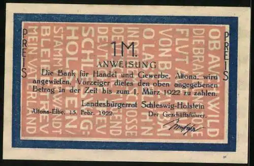 Notgeld Altona, 1922, 1 Mark, Landschaftsmotiv mit Klippen und Meer, Anweisungstext auf der Rückseite