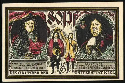 Notgeld Kiel 1921, 80 Pfennig, Die Gründer der Universität Kiel, Schiff und Wappen