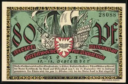 Notgeld Kiel 1921, 80 Pfennig, Die Gründer der Universität Kiel, Schiff und Wappen