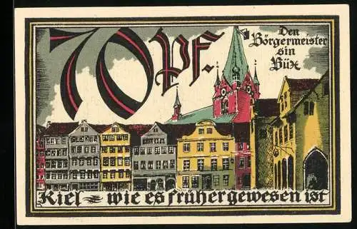 Notgeld Kiel, 1921, 70 Pfennig, historische Stadtansicht und Segelschiff zur Herbstwoche für Kunst und Wissenschaft