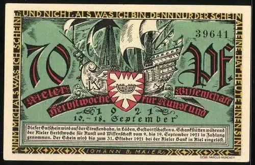 Notgeld Kiel, 1921, 70 Pfennig, historische Stadtansicht und Segelschiff zur Herbstwoche für Kunst und Wissenschaft