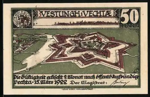 Notgeld Vechta 1922, 50 Pfennig, Festung Vechta und Silhouette eines Holzfällers