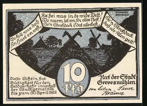 Notgeld Grevesmühlen, 10 Pfennig, Kirche und Windmühlen, gültig bis 30. April 1922