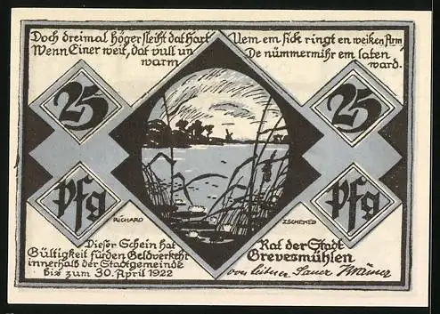 Notgeld Grevesmühlen, 1922, 25 Pfennig, Stadtansicht mit See und Gedicht, gültig bis April 1922