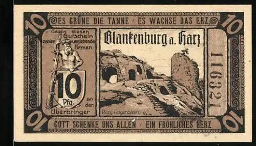 Notgeld Blankenburg a. Harz 1920, 10 Pfennig, Burg Regenstein und Liste der umliegenden Firmen