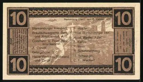 Notgeld Blankenburg a. Harz 1920, 10 Pfennig, Burg Regenstein und Liste der umliegenden Firmen