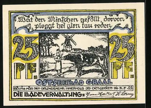 Notgeld Graal, 1921, 25 Pfennig, Ostseebad Graal mit Segelbooten und Kühen