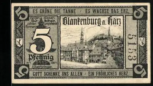 Notgeld Blankenburg a. Harz, 1921, 5 Pfennig, Stadtansicht und Liste der lokalen Firmen und Hotels