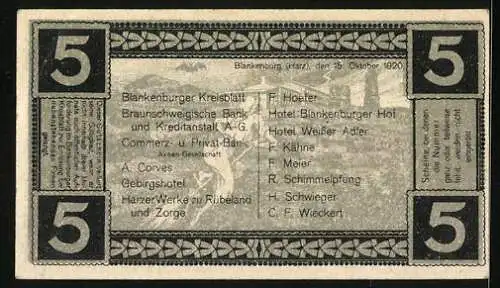 Notgeld Blankenburg a. Harz, 1921, 5 Pfennig, Stadtansicht und Liste der lokalen Firmen und Hotels