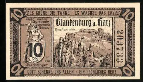 Notgeld Blankenburg a. Harz, 1920, 10 Pfennig, Burg Regenstein und Liste der Firmen, Es grünt die Tanne