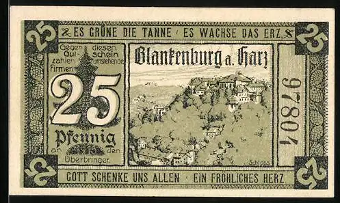 Notgeld Blankenburg a. Harz, 1920, 25 Pfennig, Schloss und Firmenauflistung auf der Rückseite