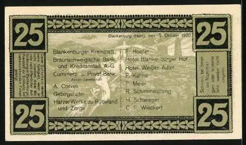 Notgeld Blankenburg a. Harz, 1920, 25 Pfennig, Schloss und Firmenauflistung auf der Rückseite