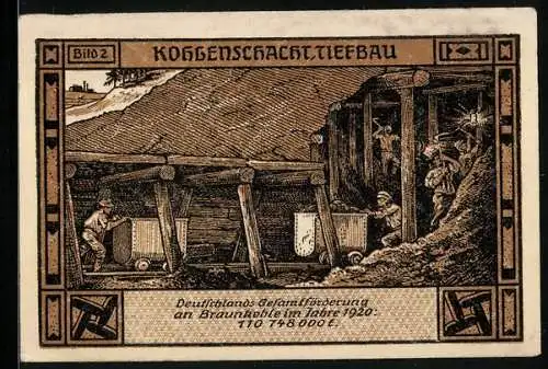 Notgeld Bitterfeld 1921, 50 Pf, Kohleschacht Tiefbau und Allegorie der Stadt Bitterfeld