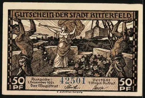 Notgeld Bitterfeld 1921, 50 Pf, Kohleschacht Tiefbau und Allegorie der Stadt Bitterfeld