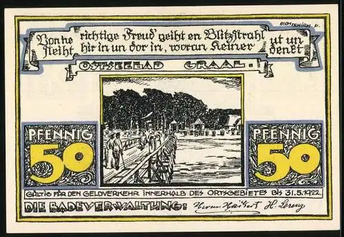 Notgeld Ostseebad Graal, 1922, 50 Pfennig, Landschaft mit Bäumen und Strand, Seebrücke mit Spaziergängern