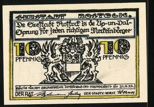 Notgeld Seestadt Rostock, 1922, 10 Pfennig, Stadtansicht und Wappen mit Löwen