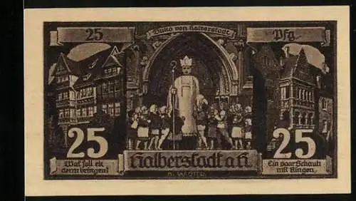 Notgeld Halberstadt 1921, 25 Pfennig, mittelalterliche Stadtansicht und Wächter mit Hellebarde