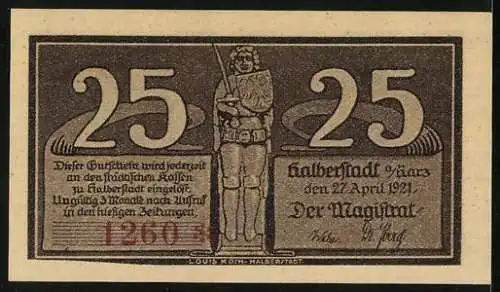 Notgeld Halberstadt 1921, 25 Pfennig, mittelalterliche Stadtansicht und Wächter mit Hellebarde