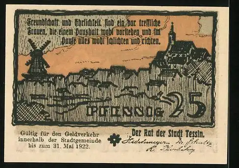 Notgeld Tessin, 1922, 25 Pfennig, Reutergeld mit Stadtansicht und Spruch