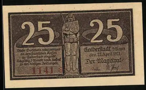 Notgeld Halberstadt 1921, 25 Pfennig, Ritter und Stadtansicht auf der Vorder- und Rückseite