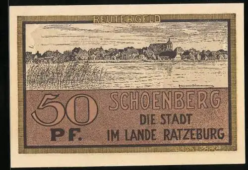 Notgeld Schönberg 1921, 50 Pf., Reutergeld, Die Stadt im Lande Ratzeburg, Vorderseite Stadtansicht