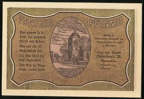 Notgeld Schönberg 1921, 50 Pf., Reutergeld, Die Stadt im Lande Ratzeburg, Vorderseite Stadtansicht