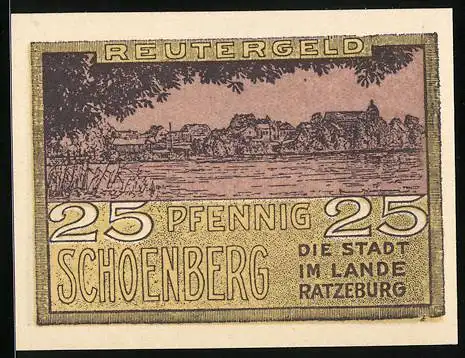 Notgeld Schönberg, 1922, 25 Pfennig, Reutergeld - Stadt im Lande Ratzeburg, historische Stadtansicht