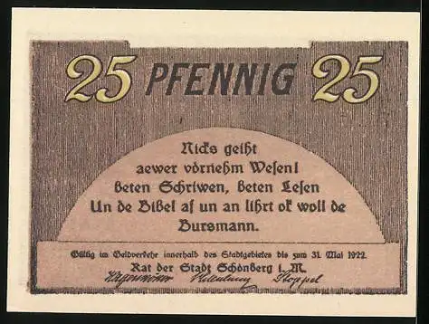 Notgeld Schönberg, 1922, 25 Pfennig, Reutergeld - Stadt im Lande Ratzeburg, historische Stadtansicht