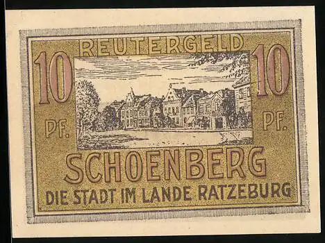 Notgeld Schönberg, 1922, 10 Pfennig, Reutergeld mit Stadtansicht und Spruch auf der Rückseite